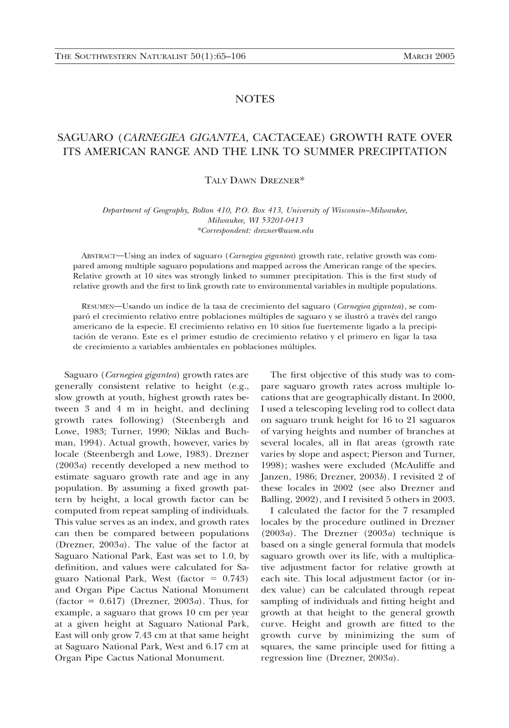 Carnegiea Gigantea, Cactaceae) Growth Rate Over Its American Range and the Link to Summer Precipitation