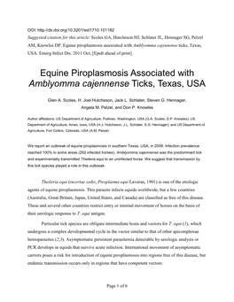 Equine Piroplasmosis Associated with Amblyomma Cajennense Ticks, Texas, USA