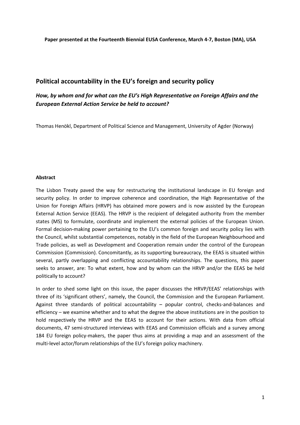 Political Accountability in the EU's Foreign and Security Policy