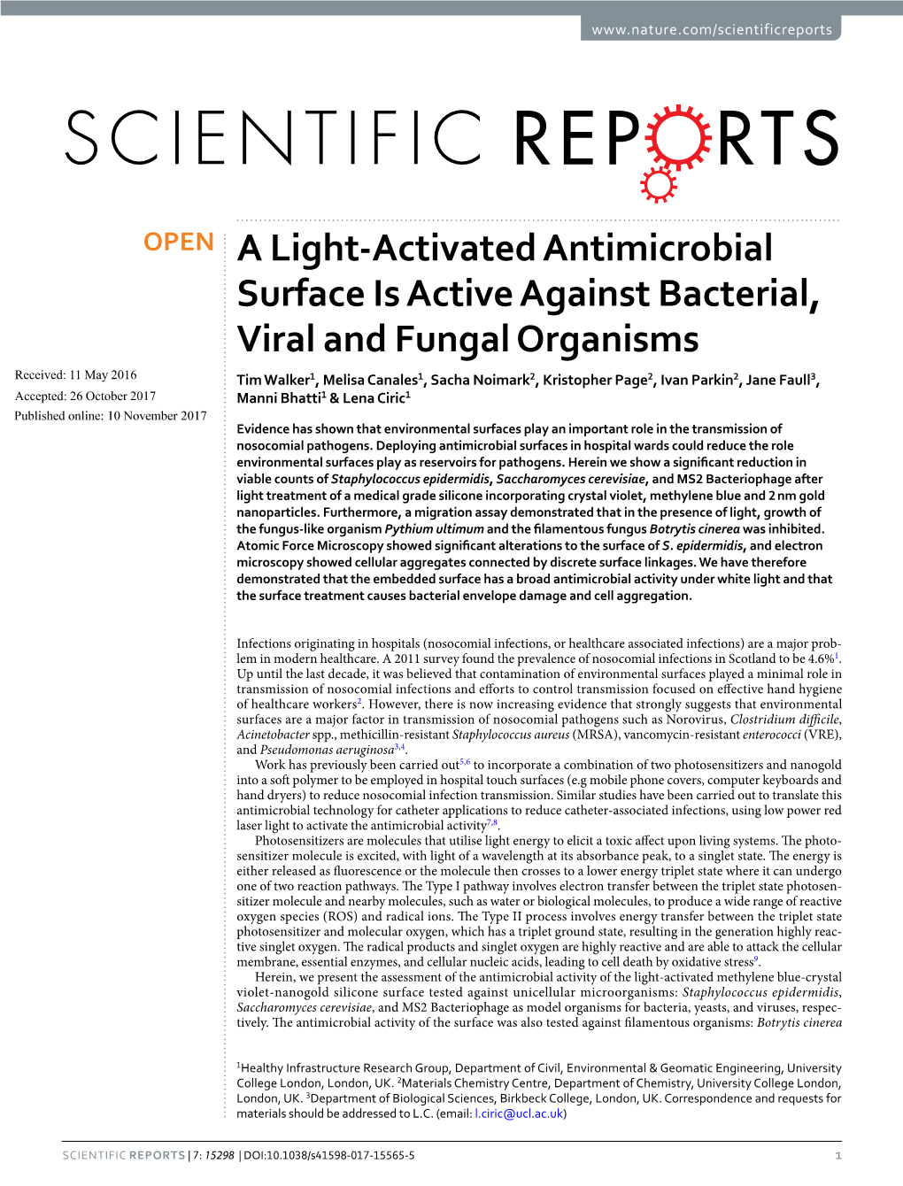 A Light-Activated Antimicrobial Surface Is Active Against Bacterial