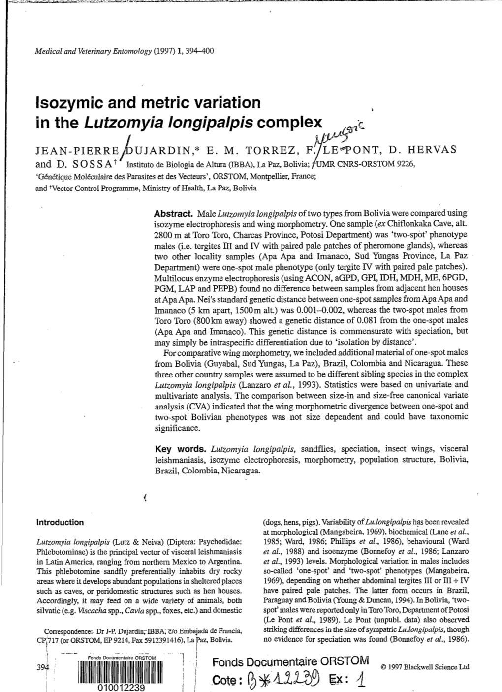 Isozymic and Metric Variation in the Lutzomyia Longipalpis Complex