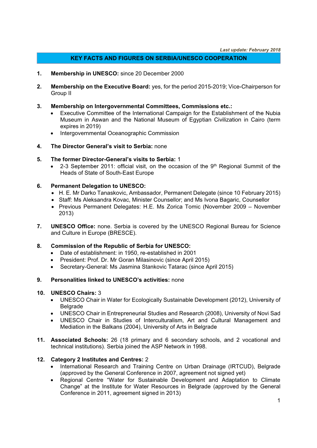 1 KEY FACTS and FIGURES on SERBIA/UNESCO COOPERATION 1. Membership in UNESCO: Since 20 December 2000 2. Membership on the Execu