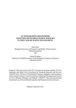 Eu Integration Mechanisms Affecting Hungarian Public Policies in the Case of Waste Management
