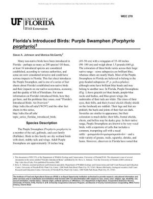 Florida's Introduced Birds: Purple Swamphen (Porphyrio Porphyrio)1
