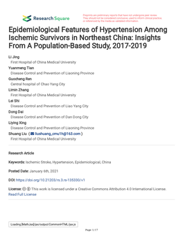 Epidemiological Features of Hypertension Among Ischemic Survivors in Northeast China: Insights from a Population-Based Study, 2017-2019
