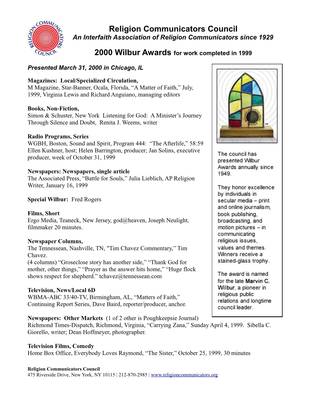 2000 Wilbur Award Winners