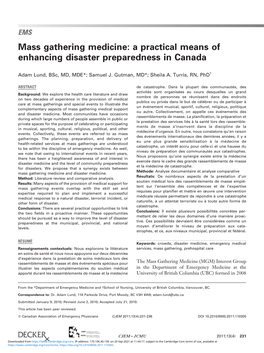 Mass Gathering Medicine: a Practical Means of Enhancing Disaster Preparedness in Canada