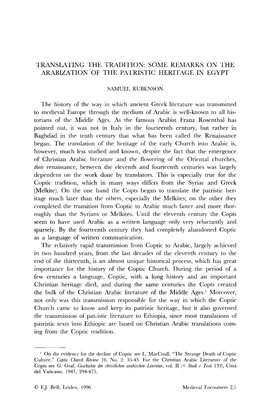SOME REMARKS on the ARABIZATION of the PATRISTIC HERITAGE in EGYPT SAMUEL RUBENSON the History Of