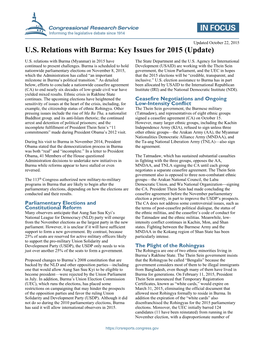 US Relations with Burma: Key Issues for 2015