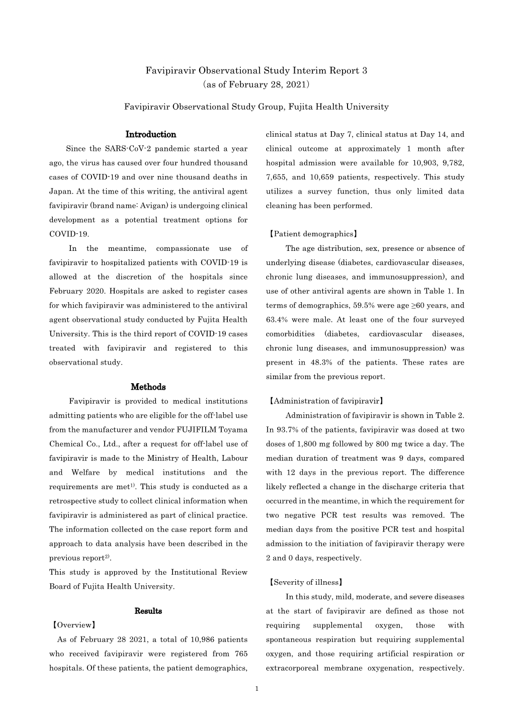 Favipiravir Observational Study Interim Report 3 （As of February 28, 2021）