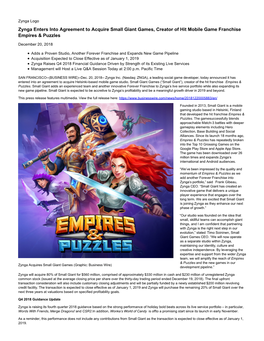 Zynga Enters Into Agreement to Acquire Small Giant Games, Creator of Hit Mobile Game Franchise Empires & Puzzles