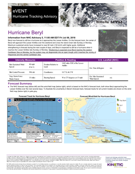 Hurricane Beryl Information from NHC Advisory 5, 11:00 AM EDT Fri Jul 06, 2018 Beryl Now Forecast to Still Be a Hurricane As It Approaches the Lesser Antilles