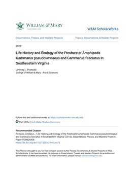 Life History and Ecology of the Freshwater Amphipods Gammarus Pseudolimnaeus and Gammarus Fasciatus in Southeastern Virginia
