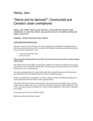 “Starve and Be Damned!”: Communists and Canada's Urban Unemployed