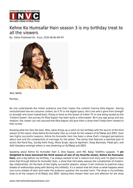 Kehne Ko Humsafar Hain Season 3 Is My Birthday Treat to All the Viewers by : Editor Published on : 8 Jun, 2020 08:06 AM IST