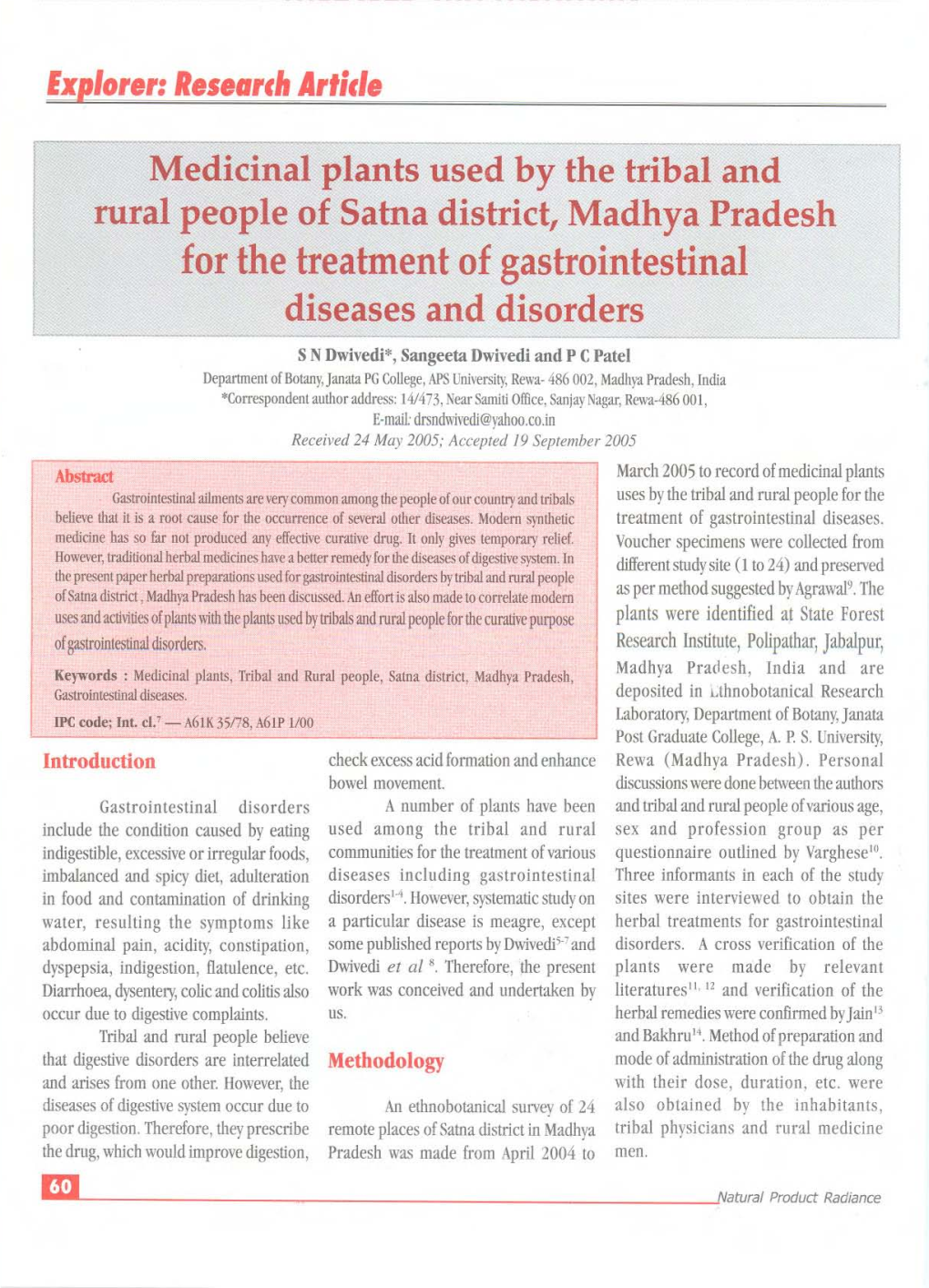 Medicinal Plants Used by the Tribal and Rural People of Satna District, Madhya Pradesh for the Treatment of Gastrointestinal Diseases and Disorders