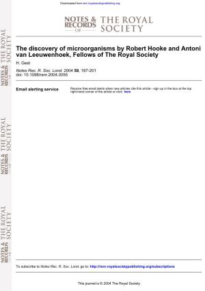 The Discovery of Microorganisms by Robert Hooke and Antoni Van Leeuwenhoek, Fellows of the Royal Society