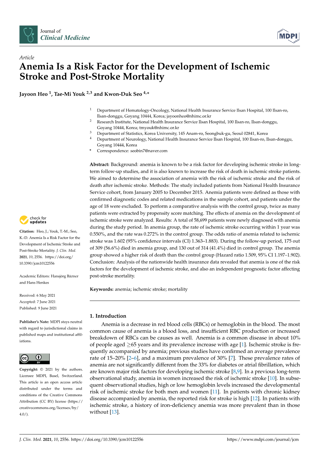 Anemia Is a Risk Factor for the Development of Ischemic Stroke and Post-Stroke Mortality