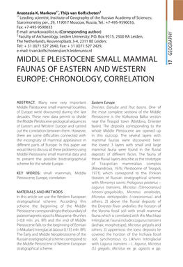 Middle Pleistocene Small Mammal Faunas of Eastern and Western Europe: Chronology, Correlation