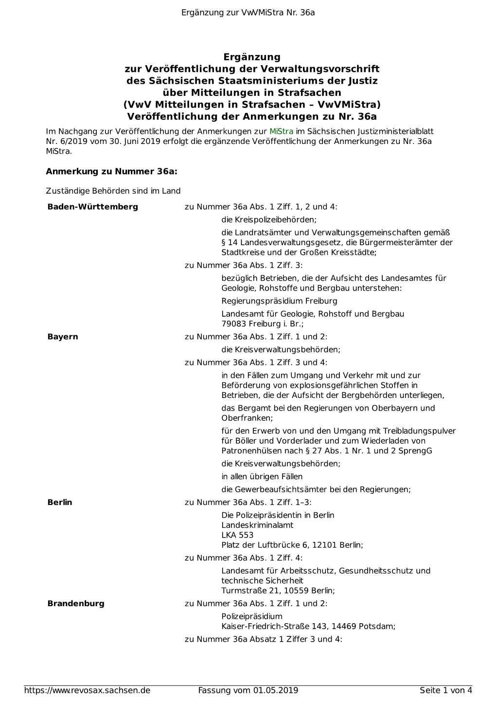 Ergänzung Zur Veröffentlichung Der Verwaltungsvorschrift Des Sächsischen Staatsministeriums Der Justiz Über Mitteilungen In
