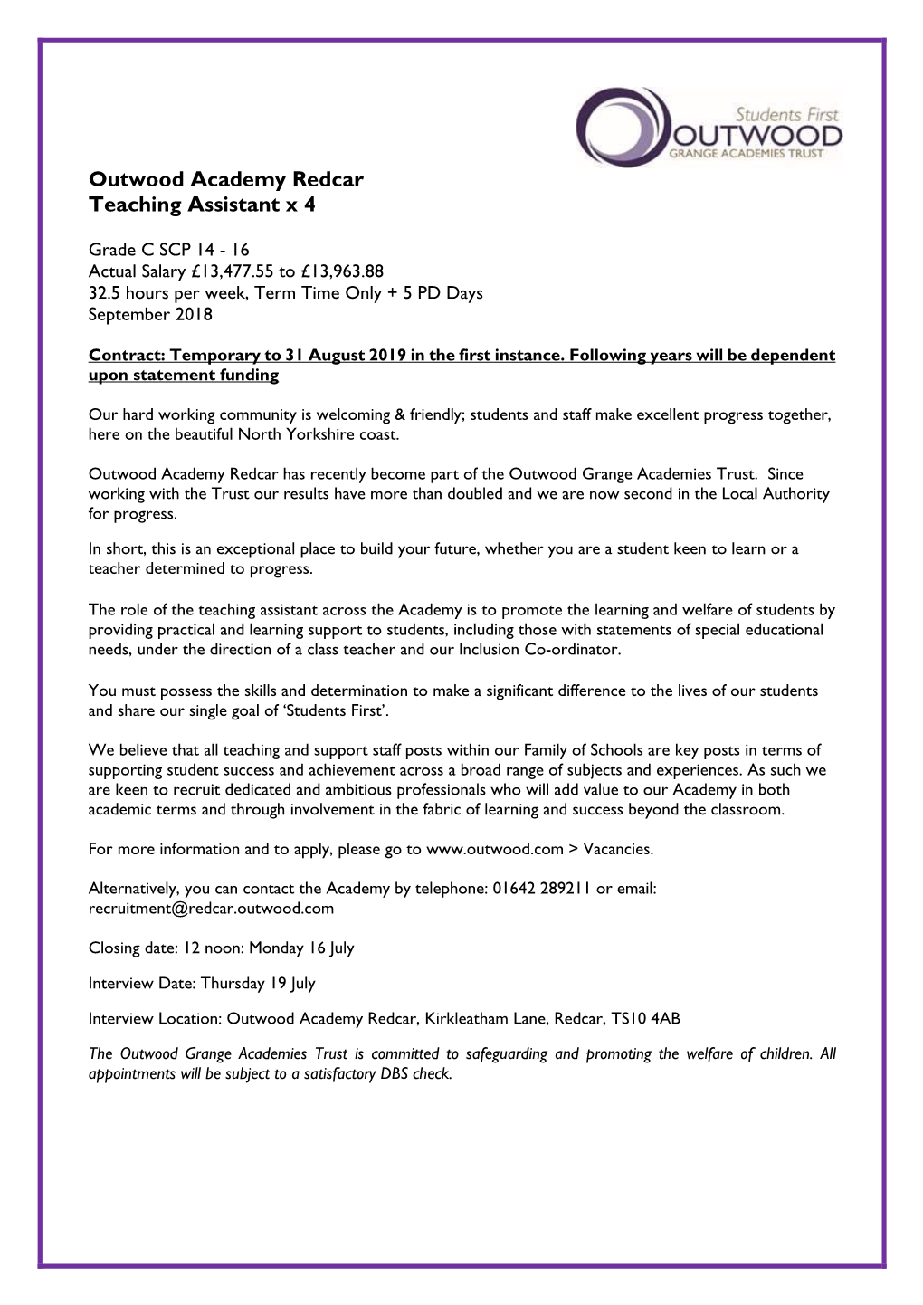 Outwood Academy Redcar Teaching Assistant X 4