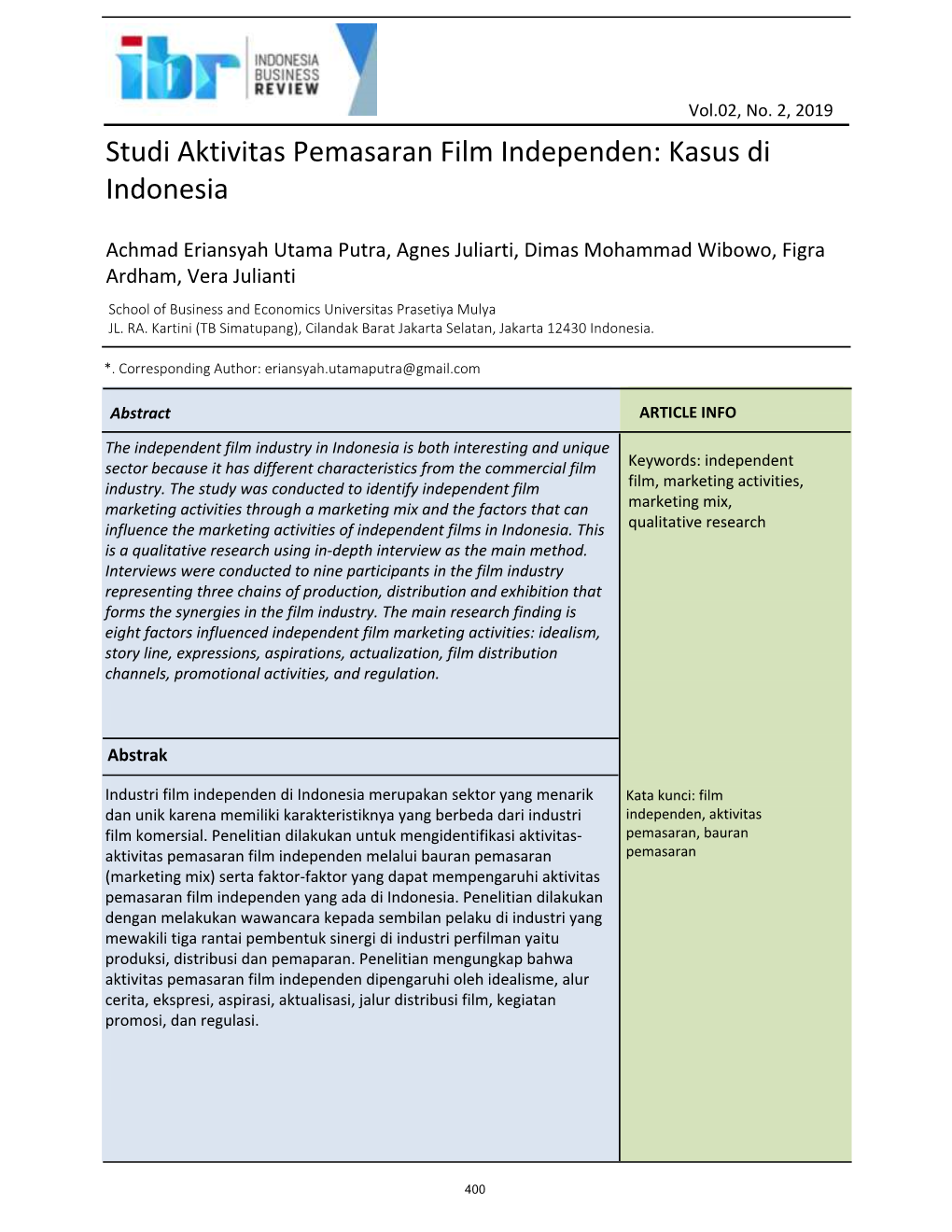 Studi Aktivitas Pemasaran Film Independen: Kasus Di Indonesia