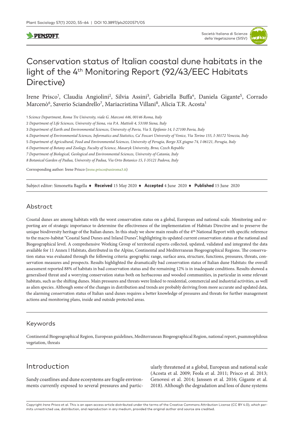 Conservation Status of Italian Coastal Dune Habitats in the Light of the 4Th Monitoring Report (92/43/EEC Habitats Directive)