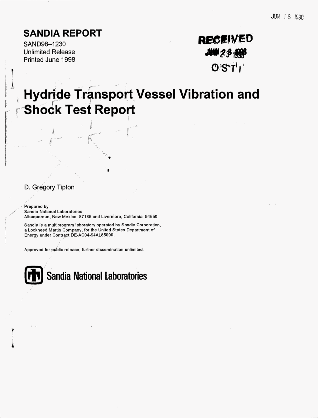 Hydride Transport Vessel Vibration and Shock Test Report