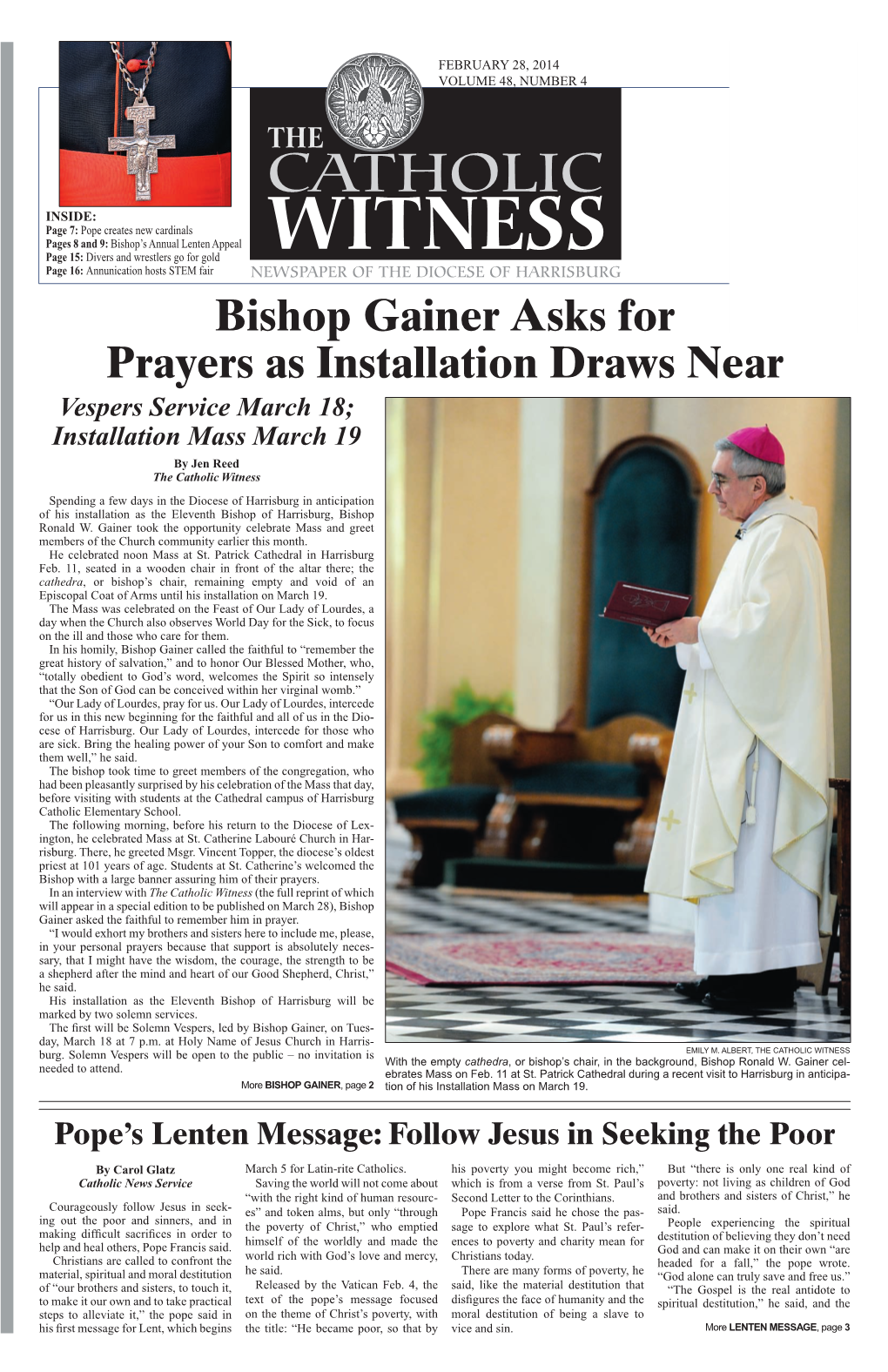 Bishop Gainer Asks for Prayers As Installation Draws Near Vespers Service March 18; Installation Mass March 19 by Jen Reed the Catholic Witness