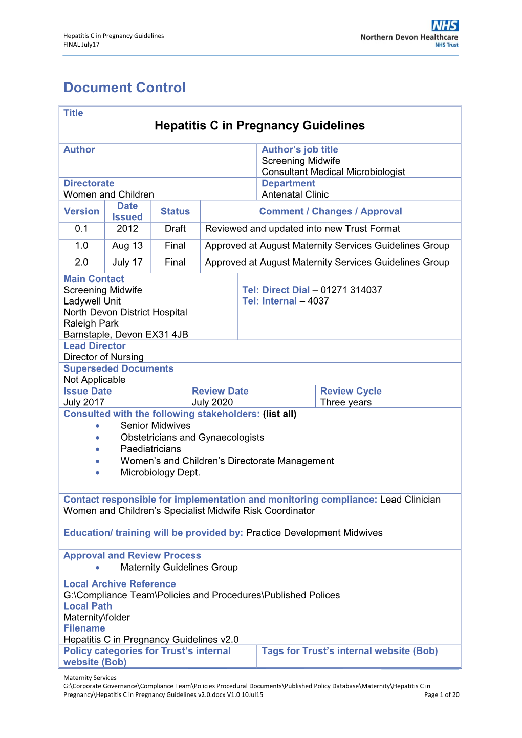 Hepatitis C in Pregnancy Guidelines FINAL July17