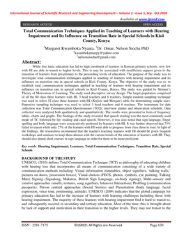 Total Communication Techniques Applied in Teaching of Learners with Hearing Impairment and Its Influence on Transition Rate in Special Schools in Kisii County, Kenya