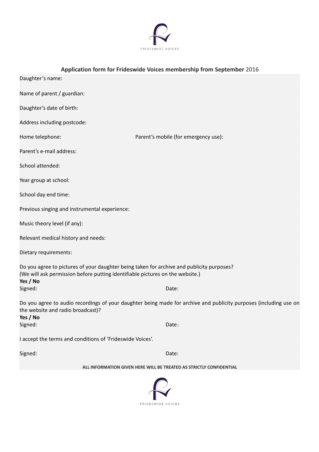 Application Form for Frideswide Voices Membership from September 2016