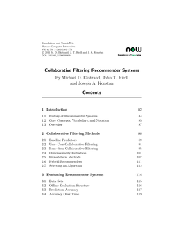 Collaborative Filtering Recommender Systems Contents