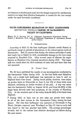 Facts Concerning Migration of Beet Leafhopper (Eutettix Tenella Baker) in Sacramento Valley of California