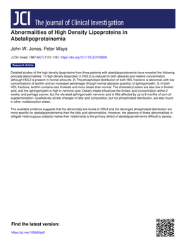 Abnormalities of High Density Lipoproteins in Abetalipoproteinemia