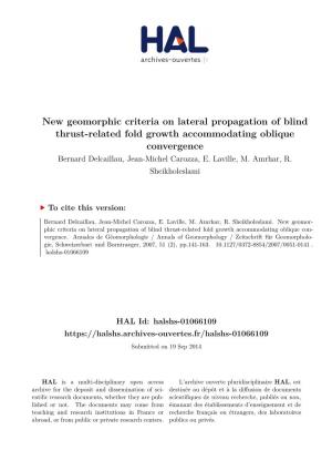 New Geomorphic Criteria on Lateral Propagation of Blind Thrust-Related Fold Growth Accommodating Oblique Convergence Bernard Delcaillau, Jean-Michel Carozza, E