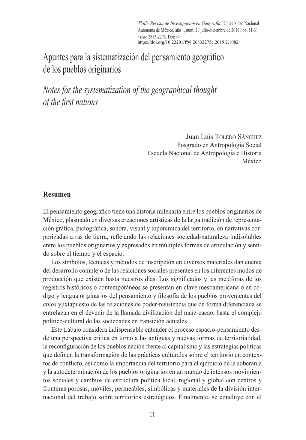 Apuntes Para La Sistematización Del Pensamiento Geográfico De Los Pueblos Originarios Notes for the Systematization of the Geographical Thought of the First Nations