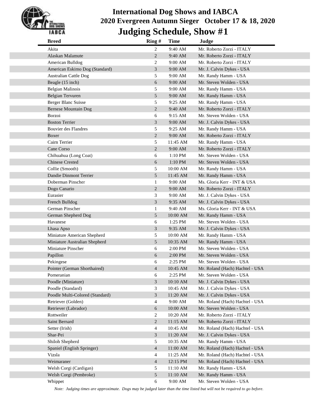 Judging Schedule, Show #1 Breed Ring # Time Judge Akita 2 9:40 AM Mr
