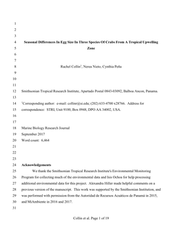 Collin Et Al. Page 1 of 19 1 2 3 Seasonal Differences in Egg Size In
