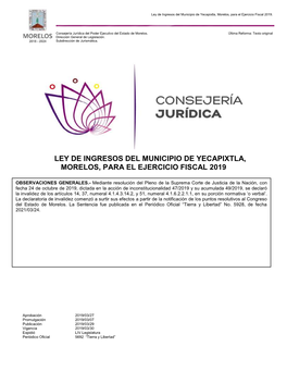 Ley De Ingresos Del Municipio De Yecapixtla, Morelos, Para El Ejercicio Fiscal 2019