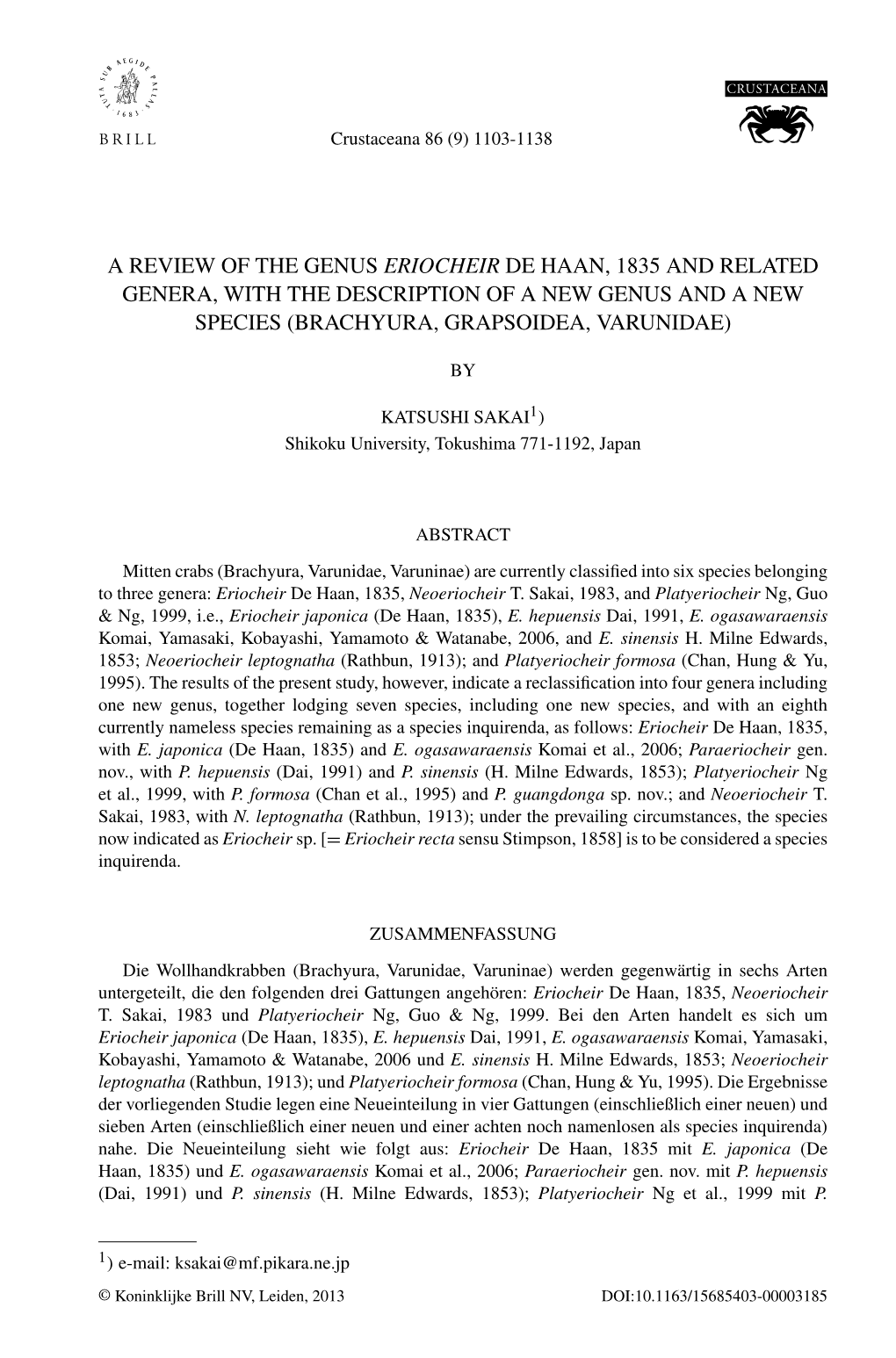 A Review of the Genus Eriocheir De Haan, 1835 and Related Genera, with the Description of a New Genus and a New Species (Brachyura, Grapsoidea, Varunidae)