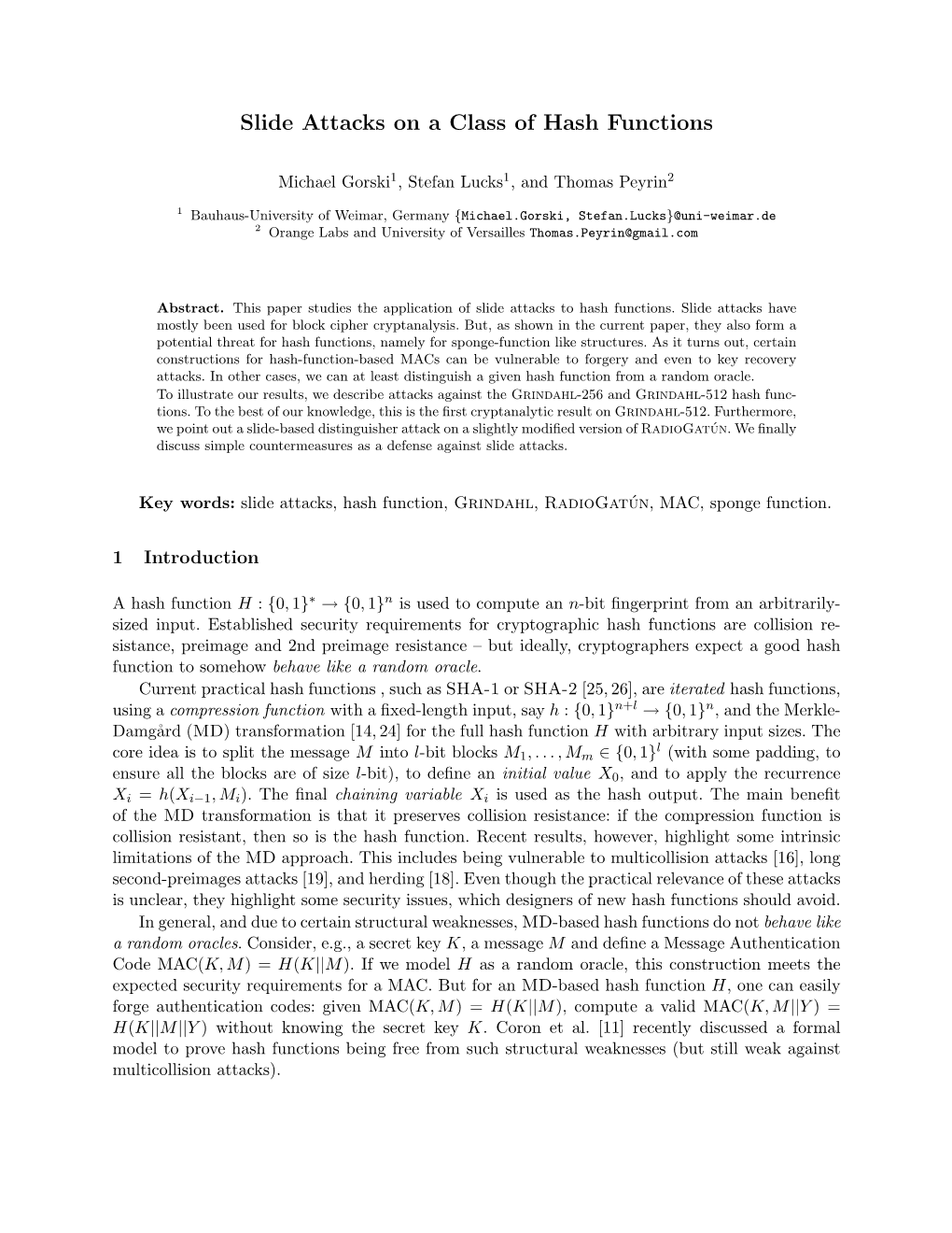 Slide Attacks on a Class of Hash Functions