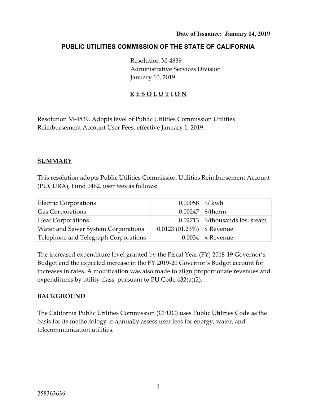 January 14, 2019 PUBLIC UTILITIES COMMISSION of the STATE OF