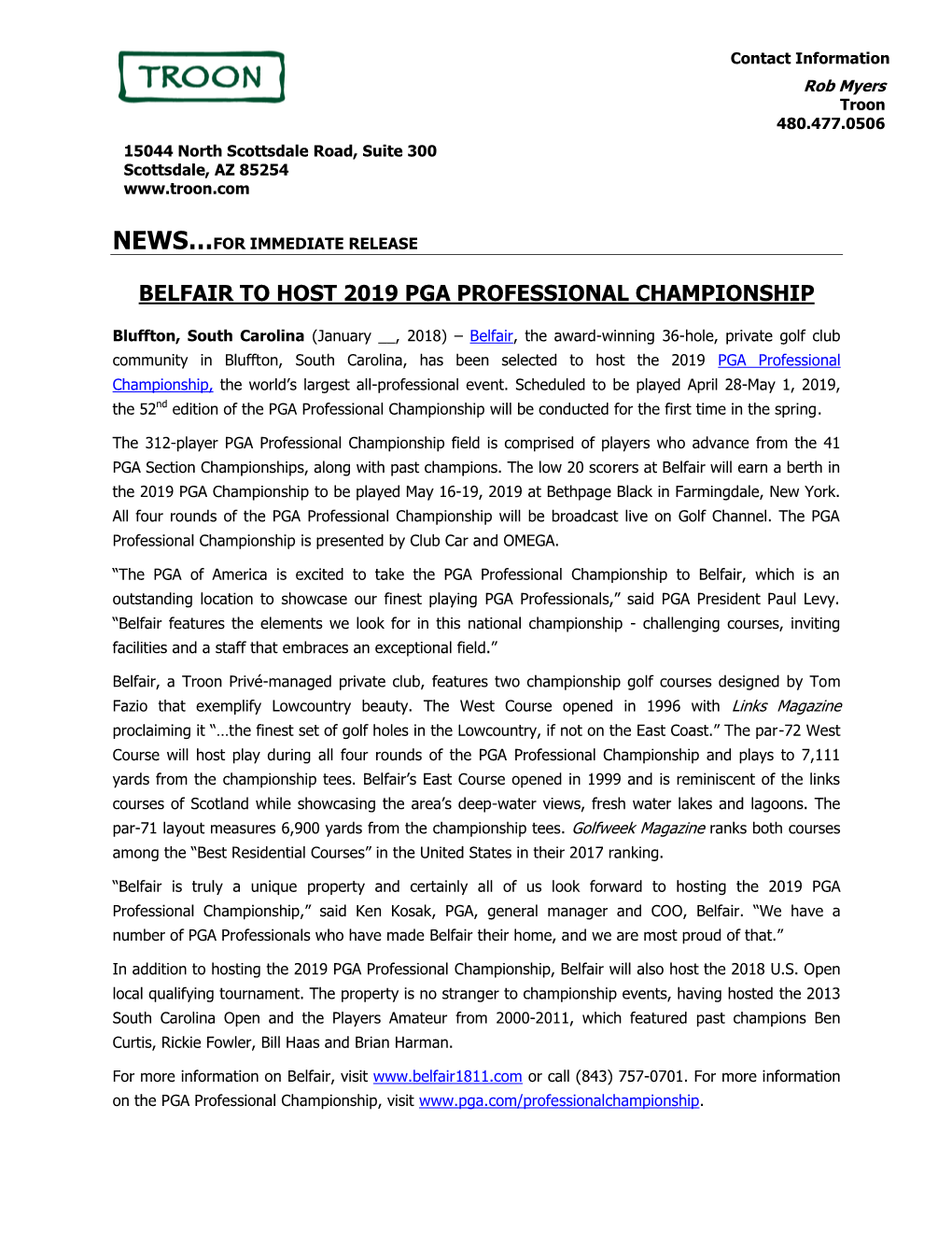 Belfair to Host 2019 Pga Professional Championship