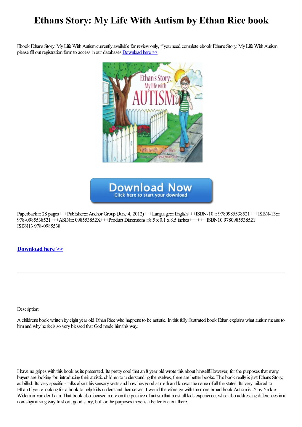 Download Ebook Ethans Story: My Life with Autism by Ethan Rice