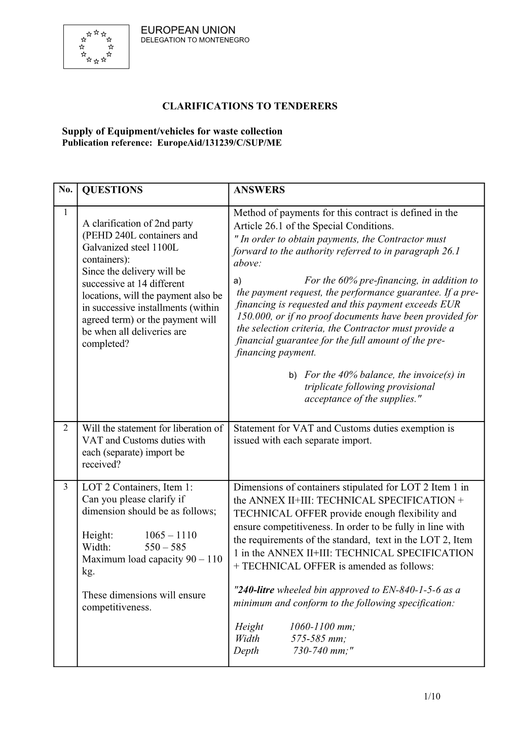 Clarifications to Tenderers