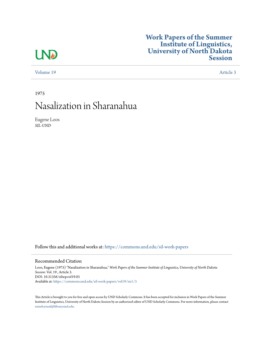 Nasalization in Sharanahua Eugene Loos SIL-UND