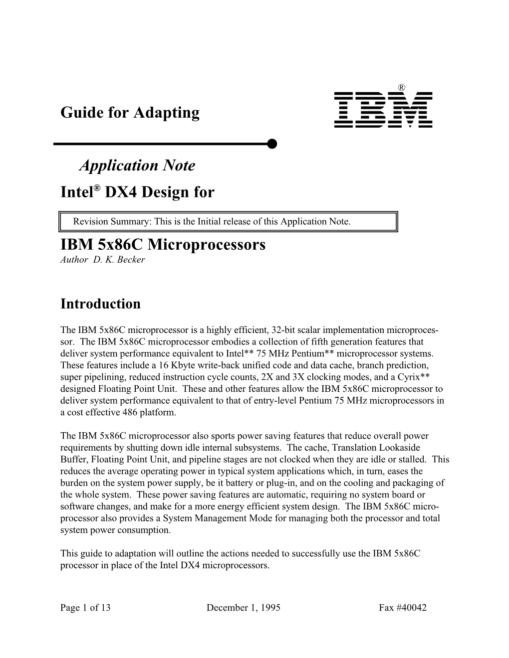 Guide for Adapting Intel® DX4 Design for IBM 5X86c Microprocessors