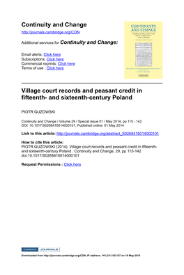 Continuity and Change Village Court Records and Peasant Credit in Fifteenth- and Sixteenth-Century Poland