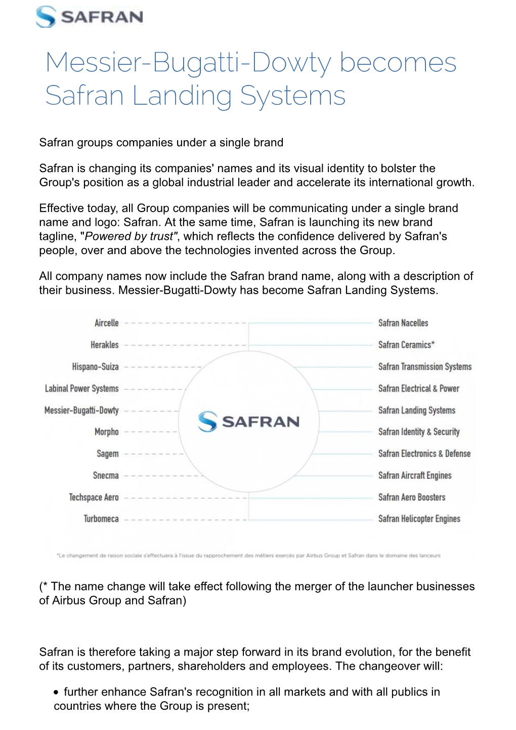 Messier-Bugatti-Dowty Becomes Safran Landing Systems